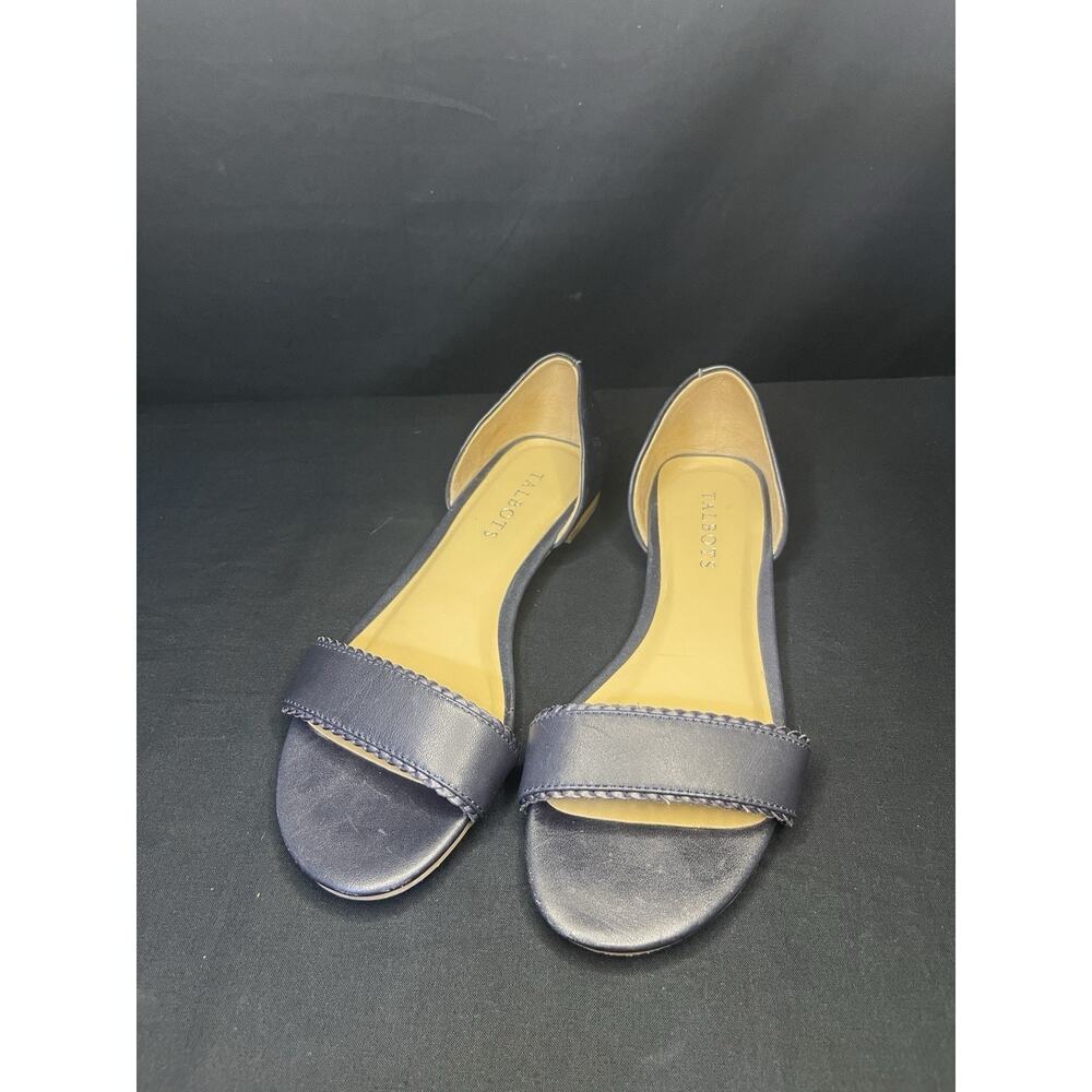 Talbots Women's Navy Leather Open Toe Scalloped D'orsay Flats Sandals sz 6.5